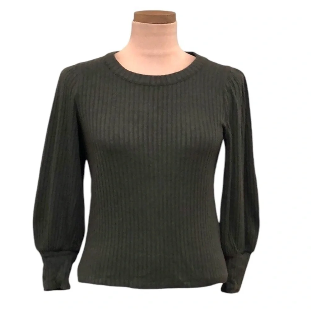 Madewell Brushed Rib Pleat-Sleeve Top Size XXS Olive Green Puff Sleeve